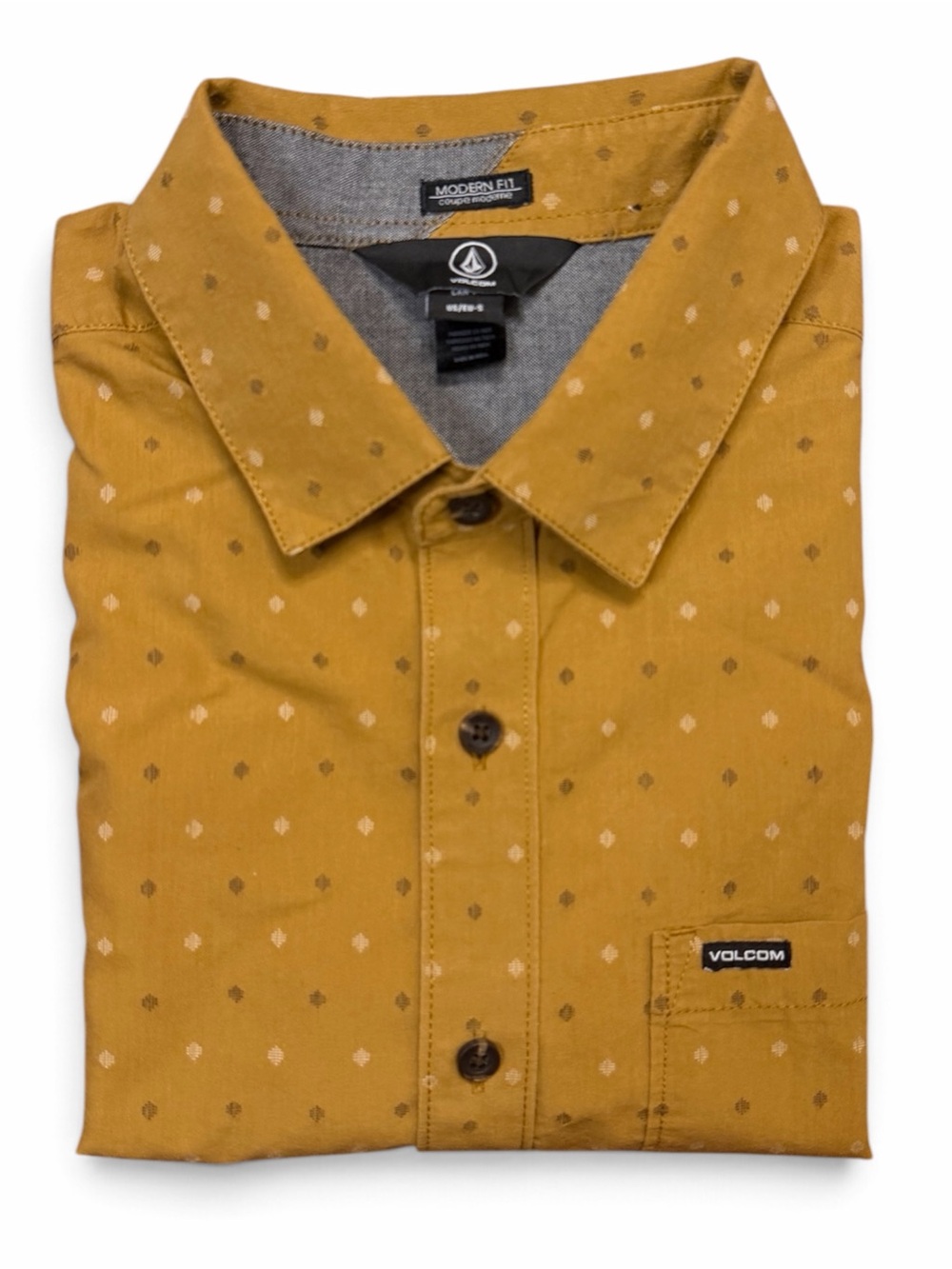 Volcom Mustard Caramel Dot-Print Button-Down Short Sleeve Shirt Men sz. S